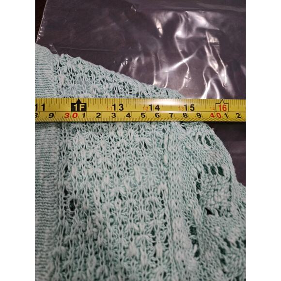 Soft Surroundings Pastel Green Teal Short Sleeve Cardigan Sweater Size M Crochet - Picture 10 of 12